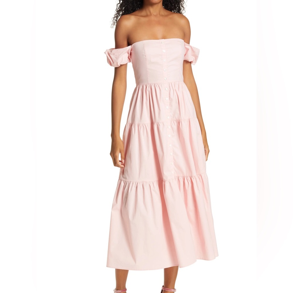 STAUD‎ Elio Off-the-shoulder Cotton Midi Dress In Strawberry Cream